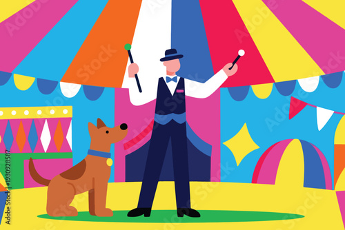 Circus performer with batons and dog on colorful striped tent stage with stars, vector illustration.