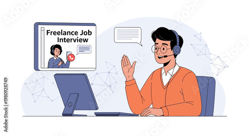 Freelance Job Interview via Video Call: Man with Headset Waving Hello