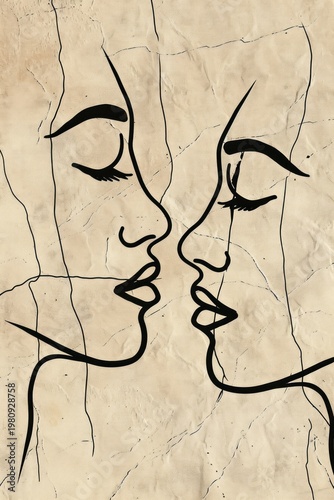 Minimalist line art of two faces about to kiss on textured paper
