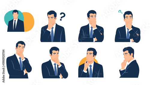 Set of portraits of a professional businessman in a suit showing different thinking and pondering expressions.