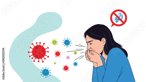 Sick woman coughing into her hands with various virus particles and a no-talking symbol in the blurred background.