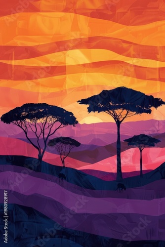 African savanna sunset with acacia trees and wildlife silhouettes