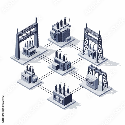 Electrical power grid substation network diagram isometric illustration.