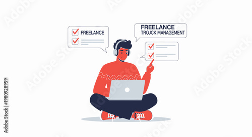 Freelance project management concept: man with laptop and checklist