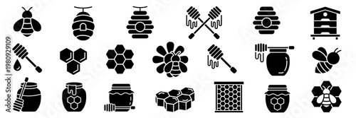 Beekeeping and Honey icon set label, logo, badge, sticker, sign, symbol, banner, line, flat vector, isolated illustration. Nest, bee, beehive, honeycomb, honey, pollen, jar, hive, spoon, flower icons.