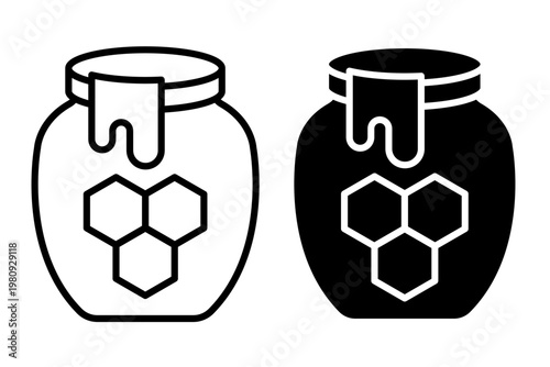 Beekeeping and Honey icon set label, logo, badge, sticker, sign, symbol, banner, line, flat vector, isolated illustration. Nest, bee, beehive, honeycomb, honey, pollen, jar, hive, spoon, flower icons.