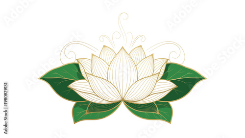 Elegant white lotus flower with green leaves and gold outlines on a white background symbolizing purity and enlightenment in a spiritual context.