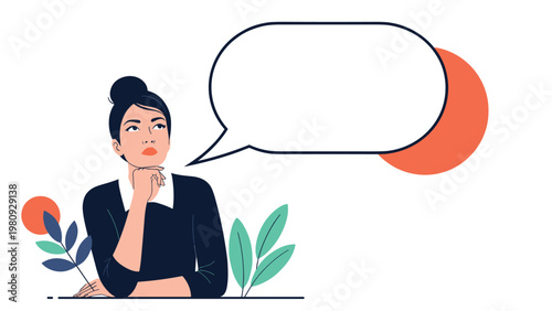 Thoughtful young woman looking up with a hand on her chin next to a large empty speech bubble for concepts of ideas and problem solving.