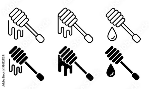 Beekeeping and Honey icon set label, logo, badge, sticker, sign, symbol, banner, line, flat vector, isolated illustration. Nest, bee, beehive, honeycomb, honey, pollen, jar, hive, spoon, flower icons.