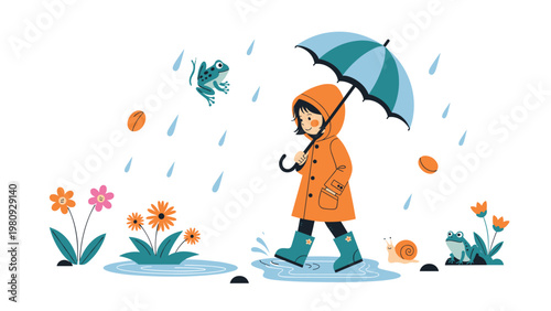 Cheerful little girl in an orange raincoat and boots walking through rain puddles with an umbrella surrounded by happy frogs and garden snails.