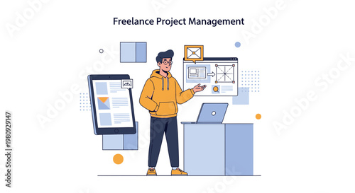 Freelance Project Management: Man managing tasks on digital devices, laptop, tablet