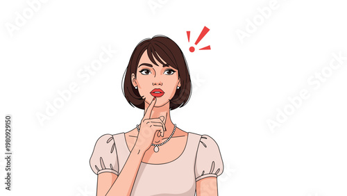 Portrait of a stylish young woman with short brown hair thinking deeply with her finger on her lip and a red exclamation point above her head.