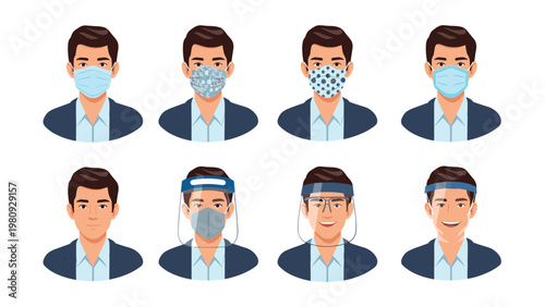 Set of male avatars wearing different types of protective face masks and transparent shields for safety and prevention against infectious diseases.
