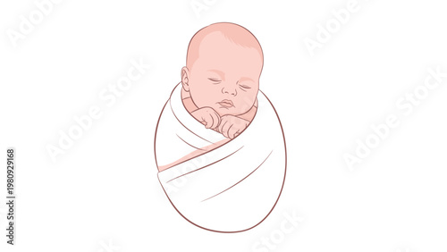 Peaceful newborn baby sleeping soundly while wrapped tightly in a soft white swaddle blanket on a clean white background for nursery themes.
