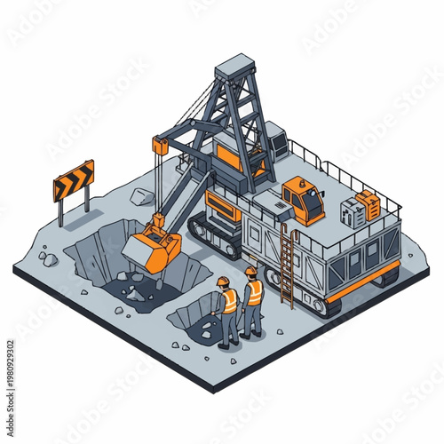 Heavy mining excavator digging in an open pit mine.