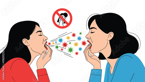 Two women standing face to face and coughing with colorful virus particles spreading between them representing the risk of respiratory infection.