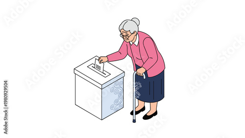 Isometric illustration of an elderly woman with a walking stick casting her vote into a ballot box during a political election process.