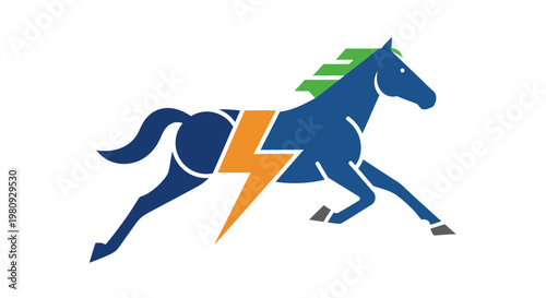 Dynamic Running Blue Horse with Orange Lightning Bolt Symbolizing Speed