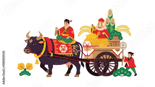 Traditional Japanese festival cart pulled by a black ox and carrying lucky gods and symbols for New Year celebrations and good fortune.
