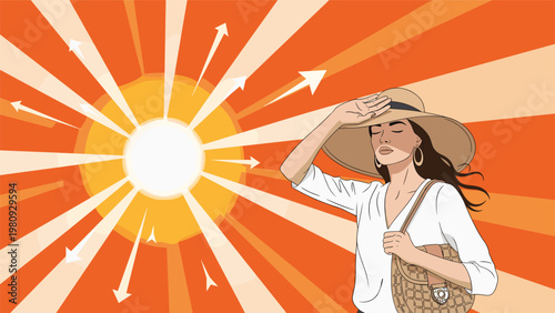 Stylish woman wearing a large sun hat shading her eyes from the intense rays of a bright sun to illustrate summer heat and sun protection.