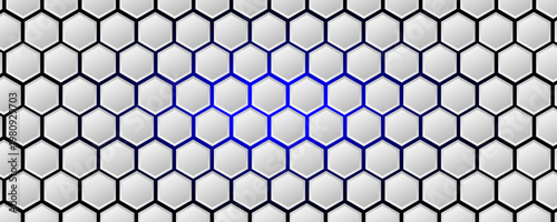 White 3d hexagonal technology vector abstract background. Blue bright energy flashes under hexagon in modern technology futuristic background vector illustration.