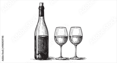 Hand drawn ink sketch of a wine bottle and two glasses isolated on white background