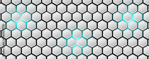 White 3d hexagonal technology vector abstract background. Blue bright energy flashes under hexagon in modern technology futuristic background vector illustration.