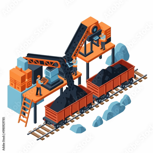 Industrial coal mining operation with crane and train cars.