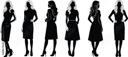Fashion silhouettes, standing female figures, dress posture illustration, modeling vector art, lifestyle concept design, elegant garment icon