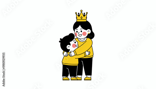 Happy mother hugging child with crown cute family love illustration for mothers day