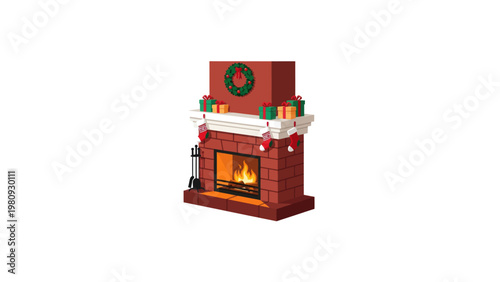 Christmas fireplace with burning fire.