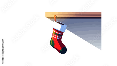 Christmas stocking hanging by fireplace.