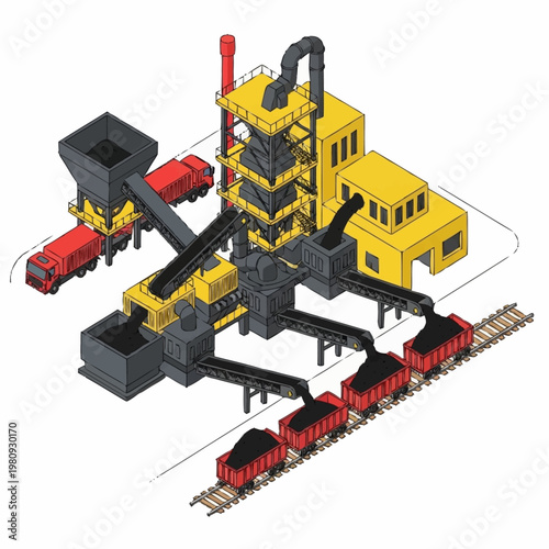 Industrial coal processing plant with trains and machinery.