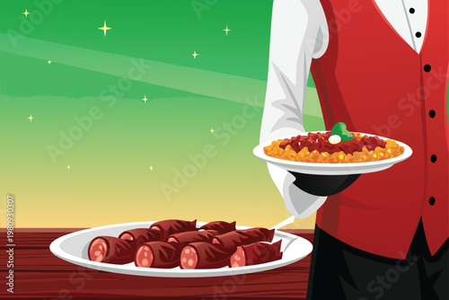 Serving Traditional Arabic Dishes Scene Vector il
