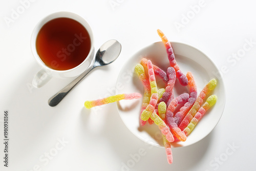 Cup of tea and gummy worms