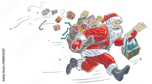 Worried Santa, carrying a bag of gifts and a list of recipients, runs forward, hurrying to deliver the presents. Raster illustration.