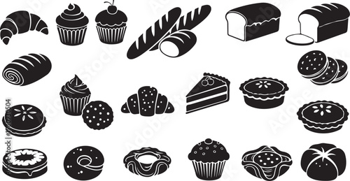 Variety of baked goods and desserts in black and white