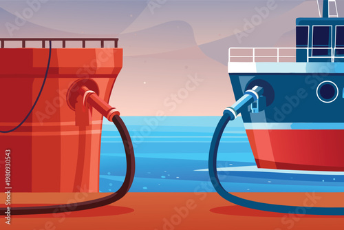 Ship Refueling Station Scene Vector Illustration