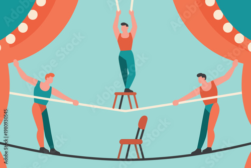 Three circus acrobats balancing on tightrope with stool and chair under red curtains, vector illustration.