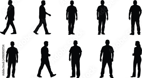 Human silhouettes, standing walking figures, posture illustration vector, motion concept art, lifestyle design icon, generic people stance