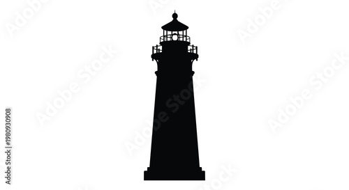 A striking black lighthouse stands tall against a white background silhouette