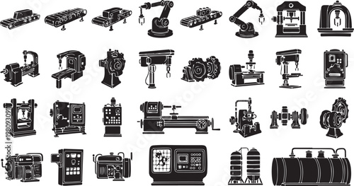 Industrial machinery and equipment icons in black and white