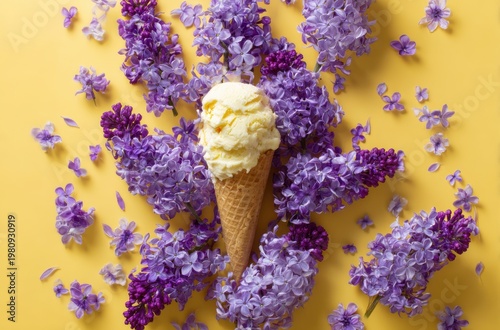 Ice Cream Cone with Purple Flowers on Yellow Background
