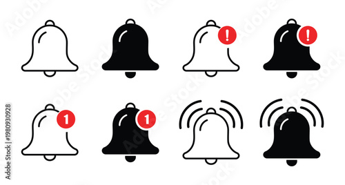 Notification bell icon set. Alarm bell icon set for notification and reminder. Alert icon for incoming inbox message, ringing bell, notification, alert and alarm. Vector illustration.