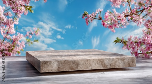 Minimal summer seascape with blooming branch and empty table