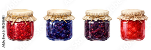 A beautiful collection of watercolor berry jam jars, featuring raspberry, blueberry, blackberry, and strawberry preserves in glass jars with fabric covers isolated on a transparent background.