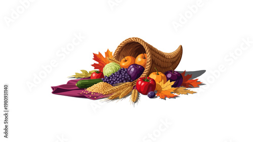 Colorful fruits and vegetables spilling out.