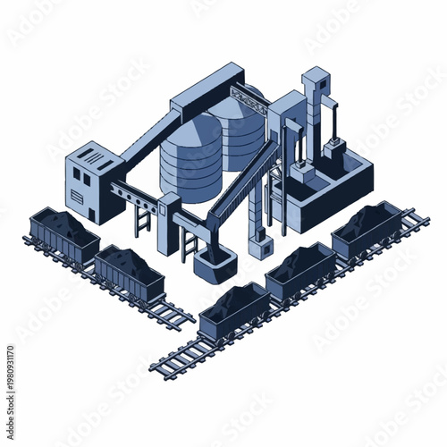 Industrial plant with railway cars and silos isometric view.