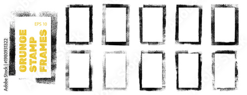 Grunge stamp frames set, vertical borders with handmade rolled ink texture. Distressed stencil banner templates with letterpress grain. Vector illustration isolated on transparent background