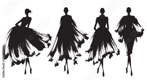 Canvas Print Set of fashion silhouettes of women in stylish dresses, hand drawn vector illustration